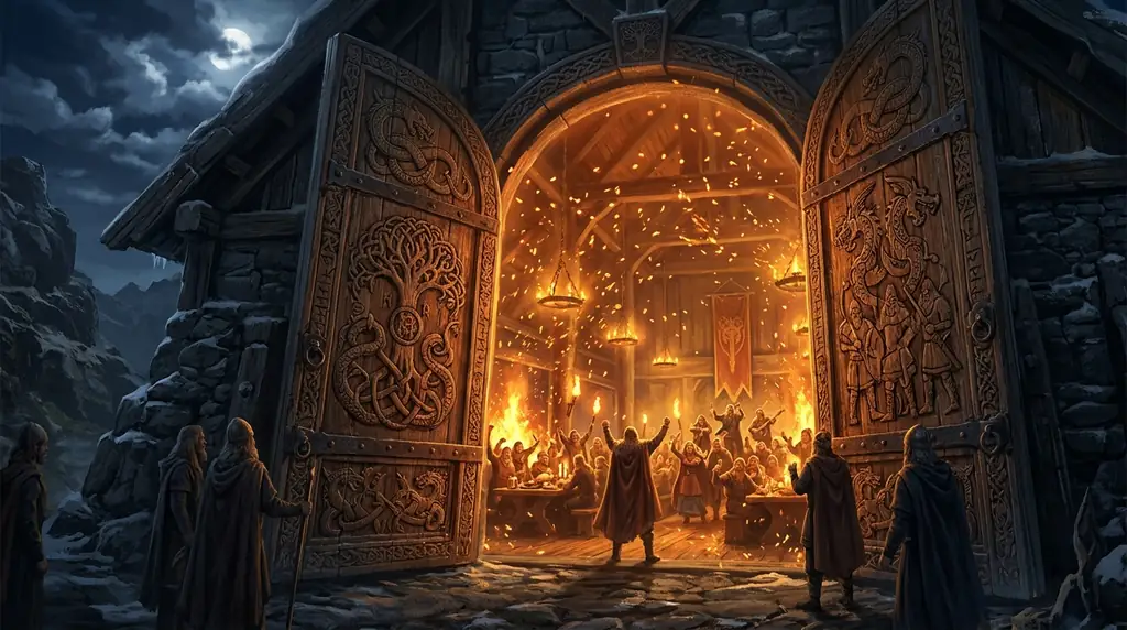 Obří dubové dveře vikingského srubu s hřejivým světlem